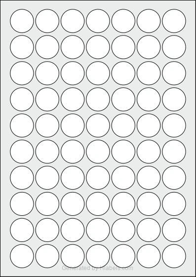 WatsonLabel® LL025025 Template WatsonLabel® LL025025 template with 70 circle labels per sheet, each 25 millimeter in diameter, on A4-size adhesive blank label sheets.