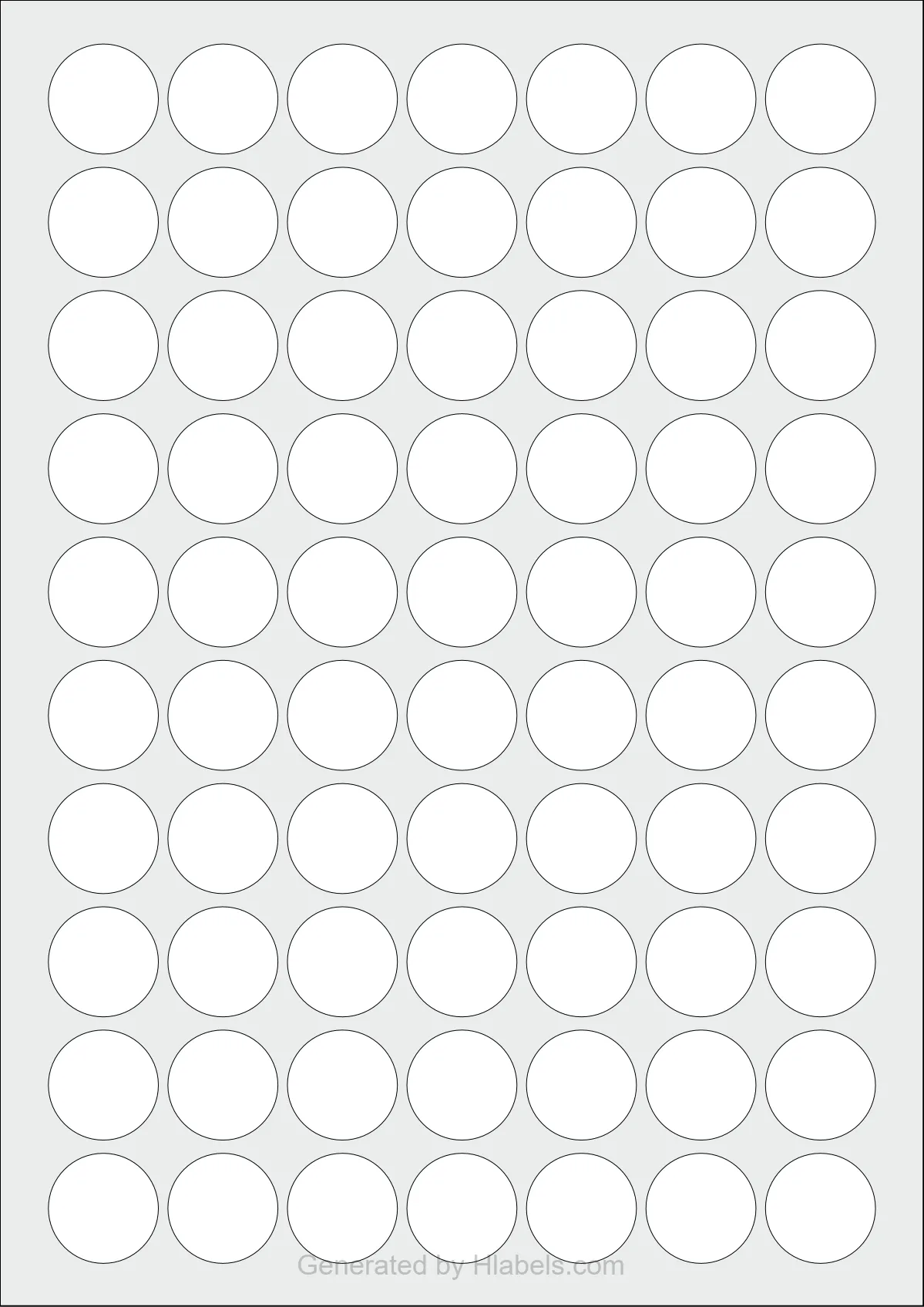 WatsonLabel® LL025025 template with 70 circle labels per sheet, each 25 millimeter in diameter, on A4-size adhesive blank label sheets.