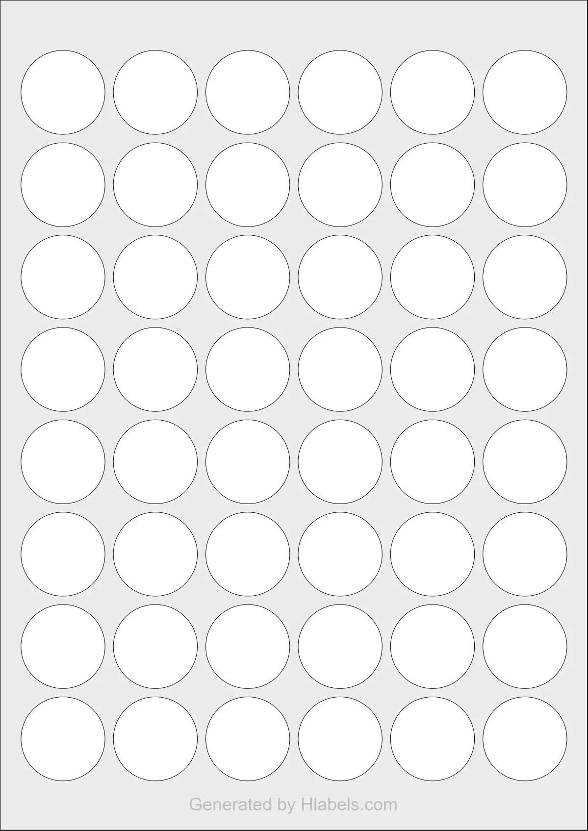 WatsonLabel® LL030030 template with 48 circle labels per sheet, each 30 millimeter in diameter, on A4-size adhesive blank label sheets.
