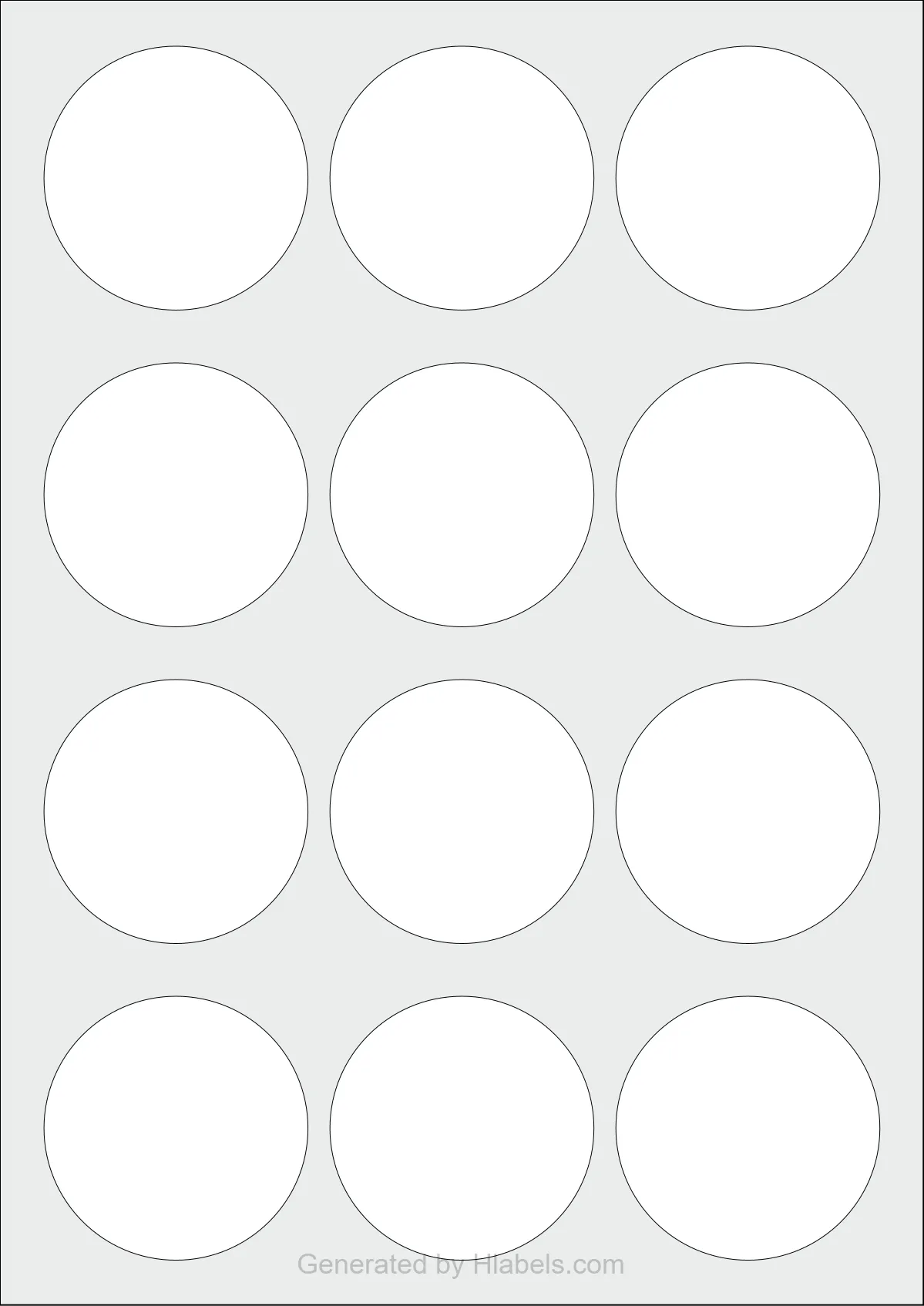 WatsonLabel® LL060060 template with 12 circle labels per sheet, each 60 millimeter in diameter, on A4-size adhesive blank label sheets.