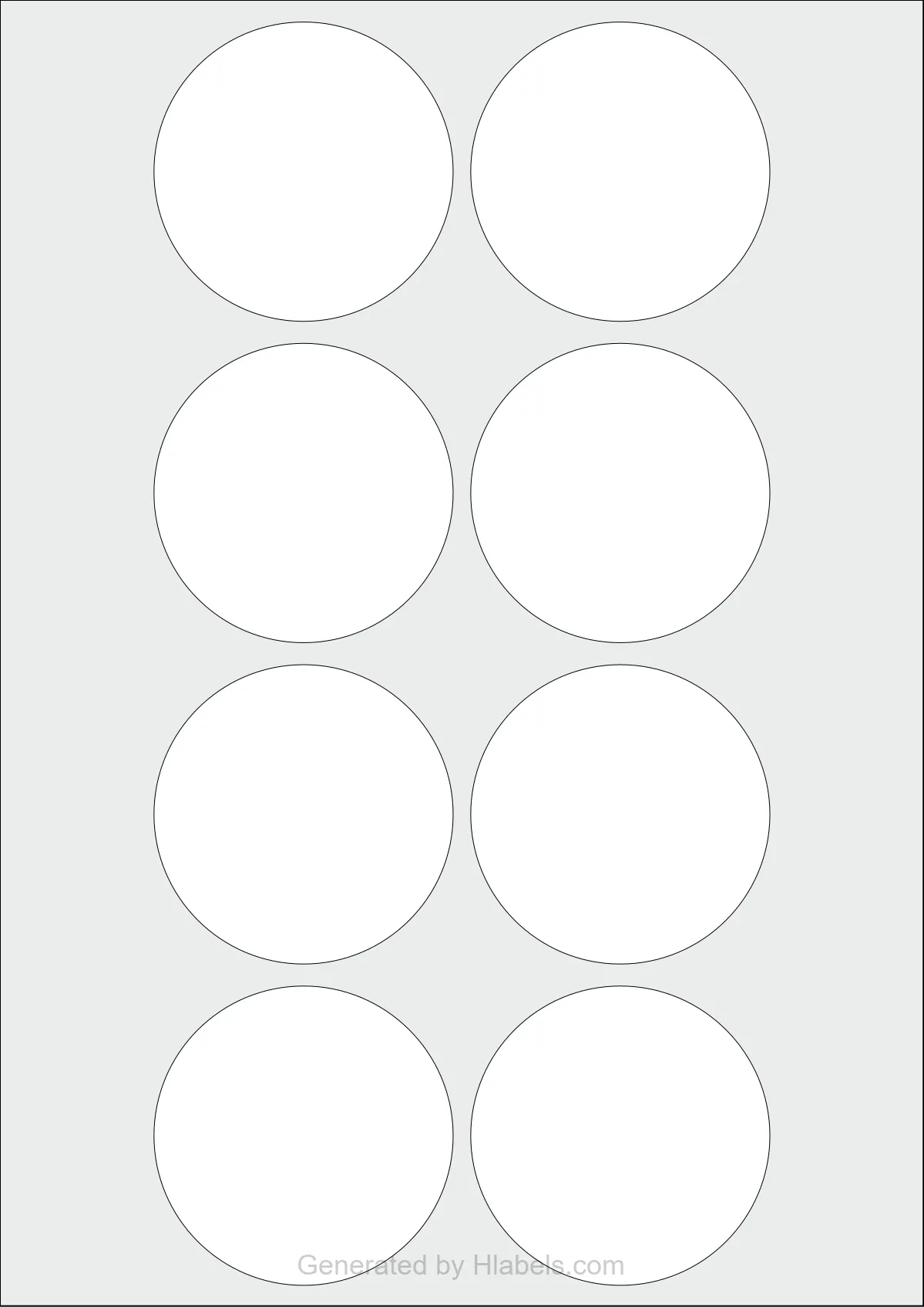 WatsonLabel® LL068068 template with 8 circle labels per sheet, each 68 millimeter in diameter, on A4-size adhesive blank label sheets.