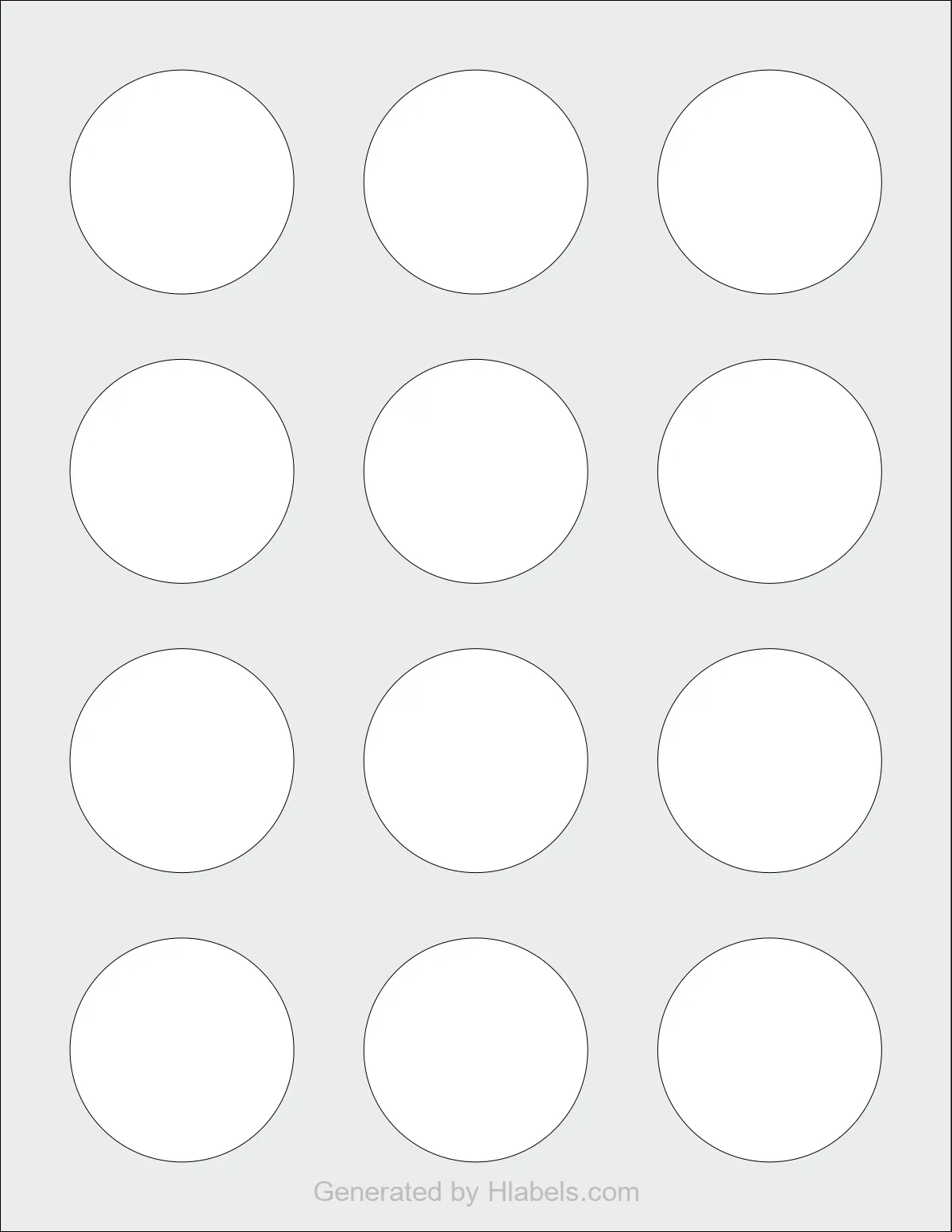 Avery® 22807 template with 12 circle labels per sheet, each 2 inch in diameter, on Letter-size adhesive blank label sheets.