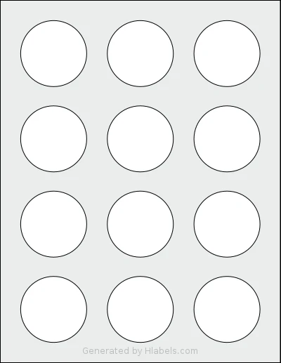Avery® 22876 template with 12 circle labels per sheet, each 2 inch in diameter, on Letter-size adhesive blank label sheets.