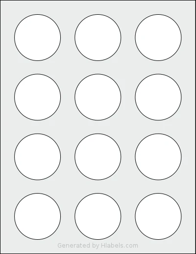 Avery® 41496 template with 12 circle labels per sheet, each 2 inch in diameter, on Letter-size adhesive blank label sheets.