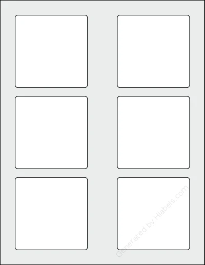 Avery® 6542 template with 6 square 3 x 3 inch labels per sheet, on Letter-size adhesive blank label sheets.