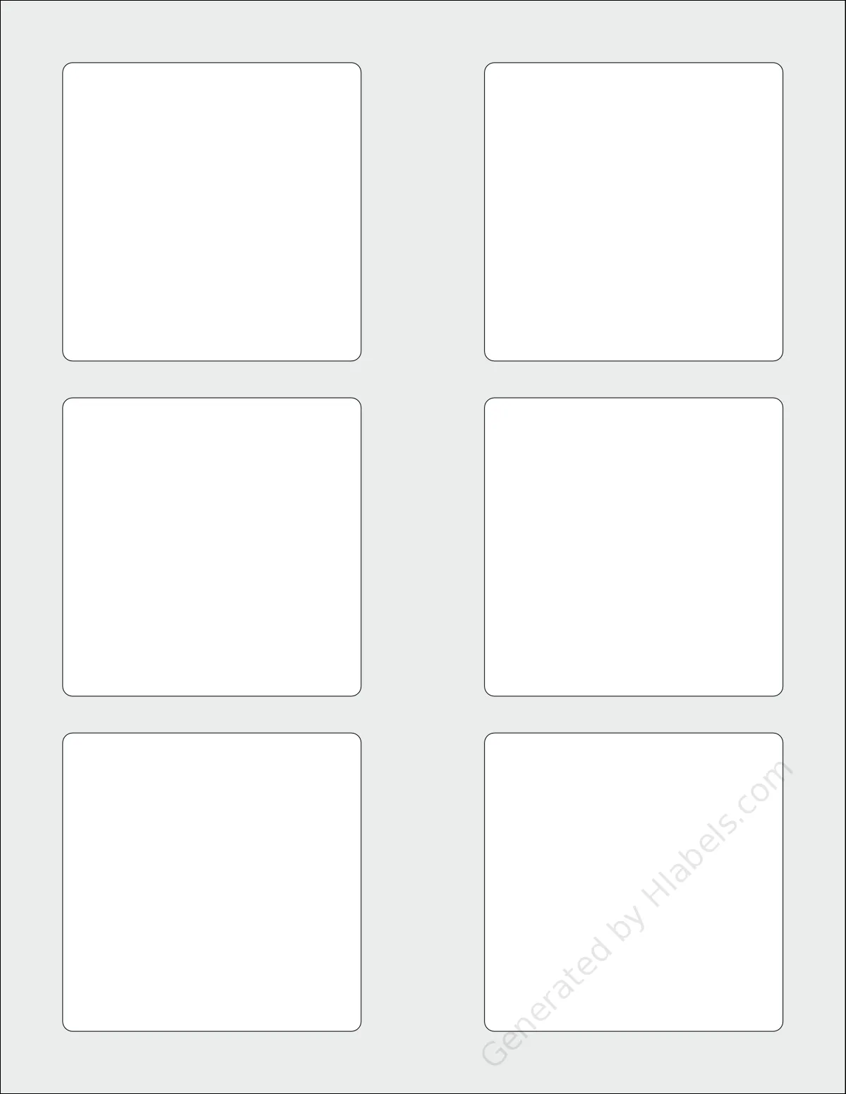 Avery® 6542 template with 6 square 3 x 3 inch labels per sheet, on Letter-size adhesive blank label sheets.