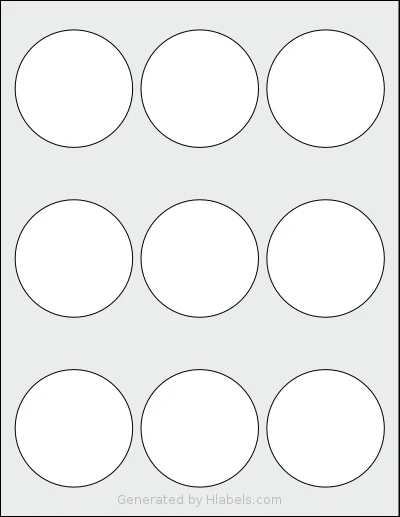 Avery® 80503 template with 9 circle labels per sheet, each 2.5 inch in diameter, on Letter-size adhesive blank label sheets.