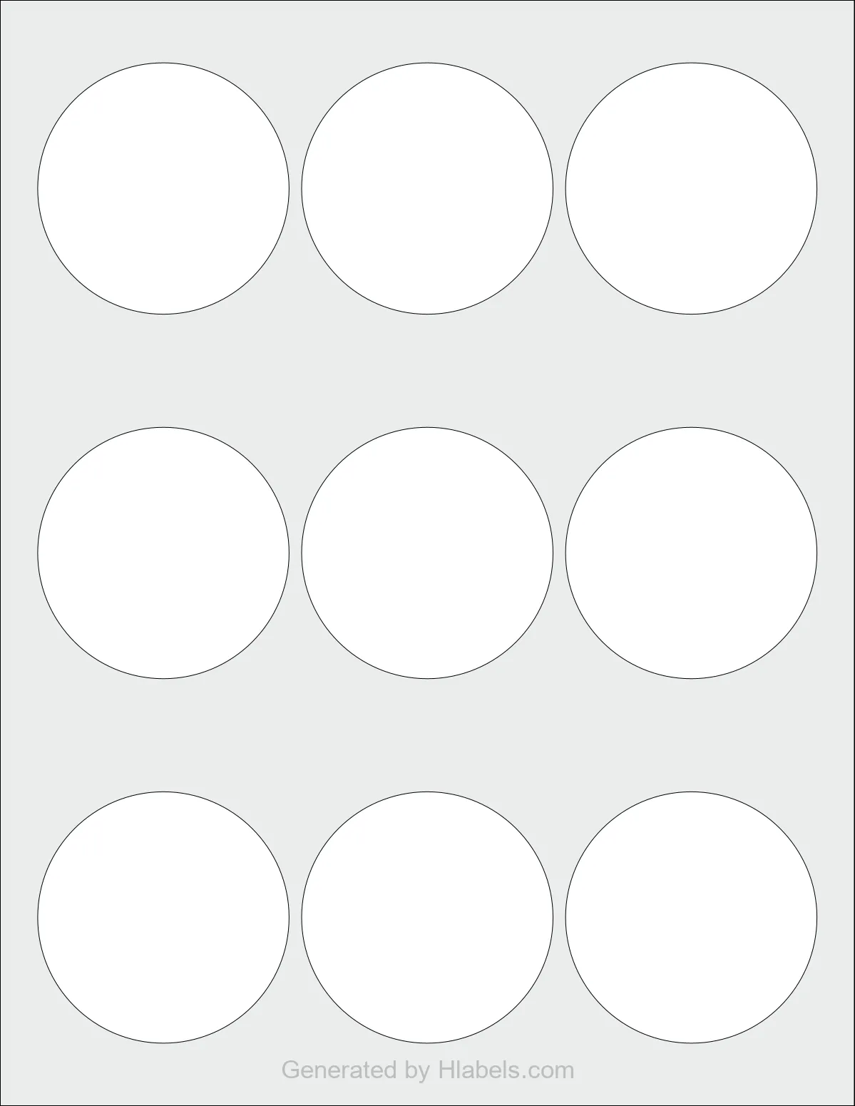 Avery® 8214 template with 9 circle labels per sheet, each 2.5 inch in diameter, on Letter-size adhesive blank label sheets.