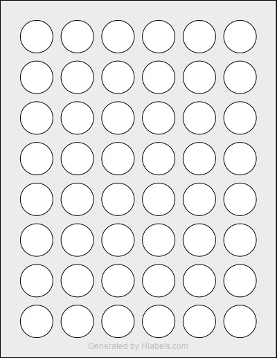 Avery Presta® 36579 template with 48 circle labels per sheet, each 1 inch in diameter, on Letter-size adhesive blank label sheets.