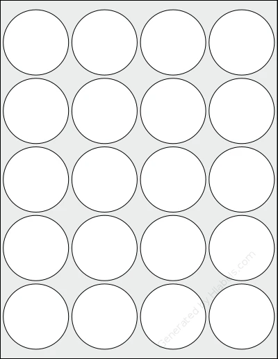 Avery Presta® 94089 template with 20 circle labels per sheet, each 2 inch in diameter, on Letter-size adhesive blank label sheets.