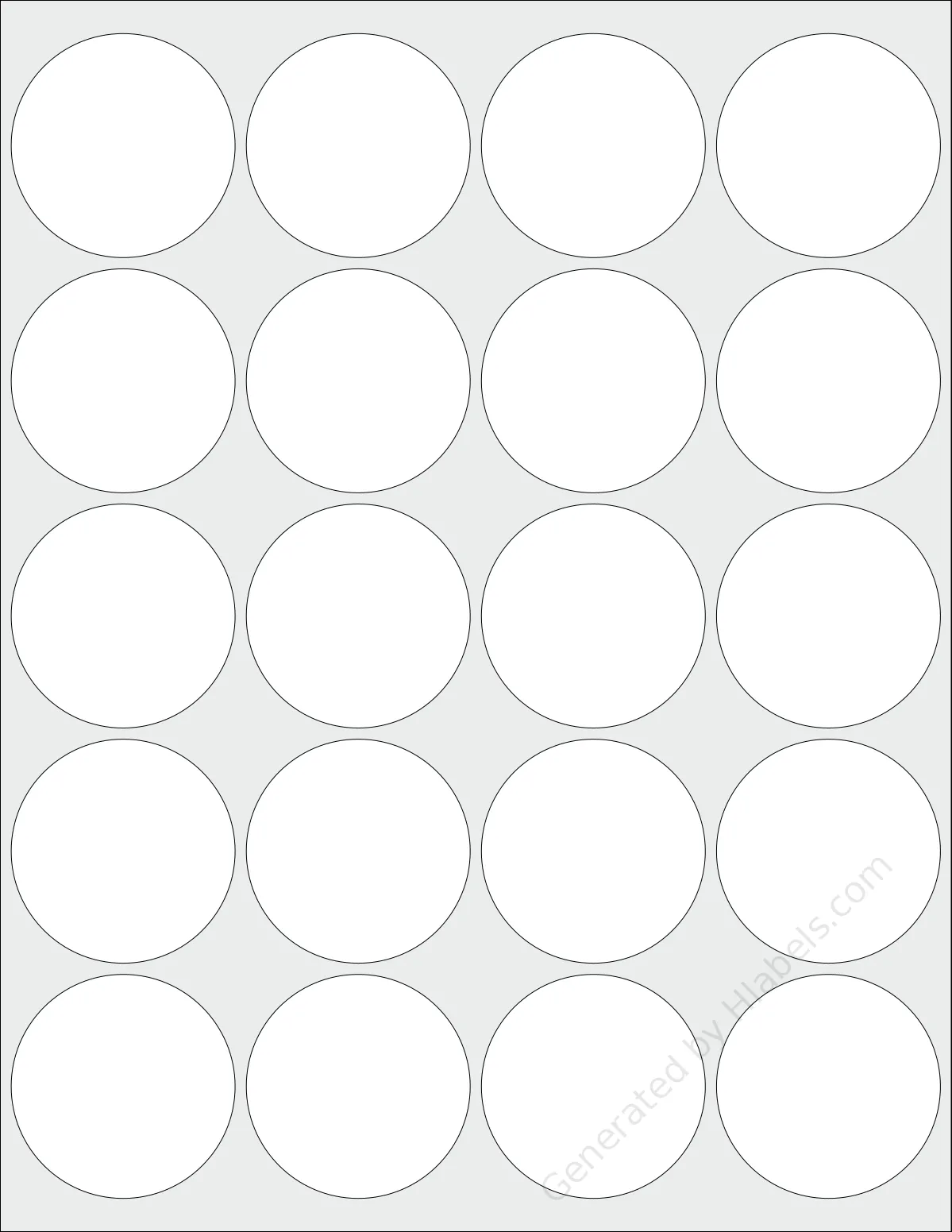 Avery Presta® 94089 template with 20 circle labels per sheet, each 2 inch in diameter, on Letter-size adhesive blank label sheets.