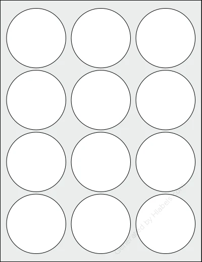 Avery Presta® 94090 template with 12 circle labels per sheet, each 2.5 inch in diameter, on Letter-size adhesive blank label sheets.