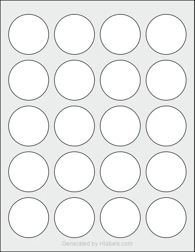 Avery Presta® 94509 template with 20 circle labels per sheet, each 1.75 inch in diameter, on Letter-size adhesive blank label sheets.