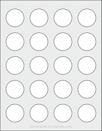 Betckey® 20UP-Round template with 20 circle labels per sheet, each 1.5 inch in diameter, on Letter-size adhesive blank label sheets.