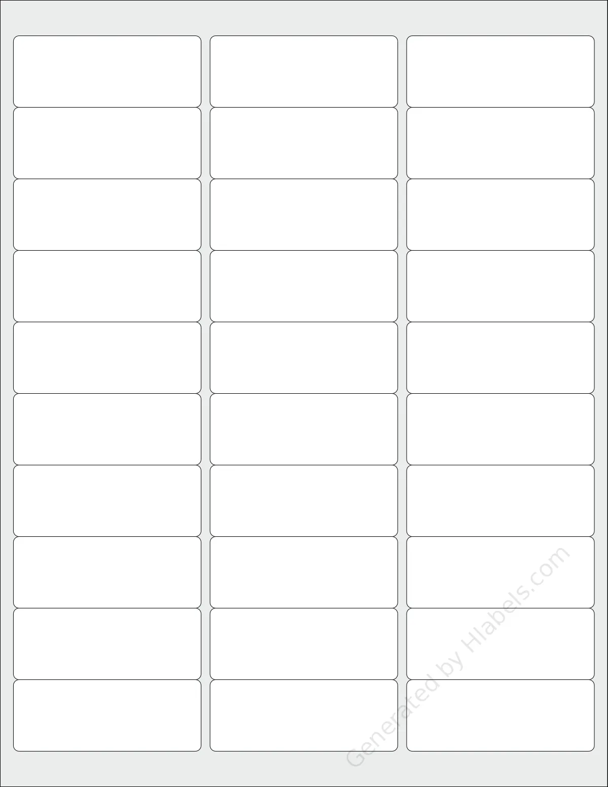 BlancoLabels® DL-2581 template with 30 rectangular 2.625 x 1 inch labels per sheet, on Letter-size adhesive blank label sheets.