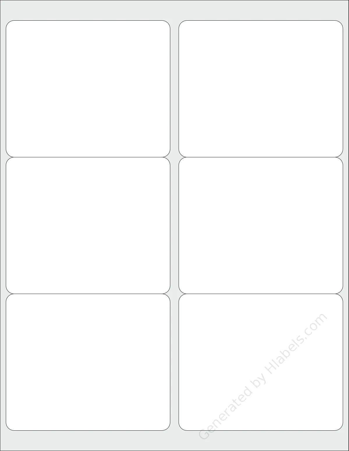 BlancoLabels® DL-4033 template with 6 rectangular 4 x 3.3333 inch labels per sheet, on Letter-size adhesive blank label sheets.