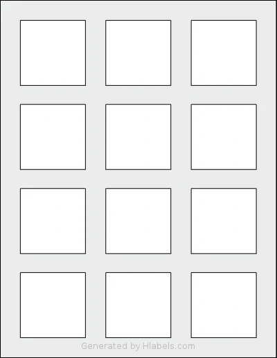 Bleidruck® 12UP template with 12 square 2 x 2 inch labels per sheet, on Letter-size adhesive blank label sheets.