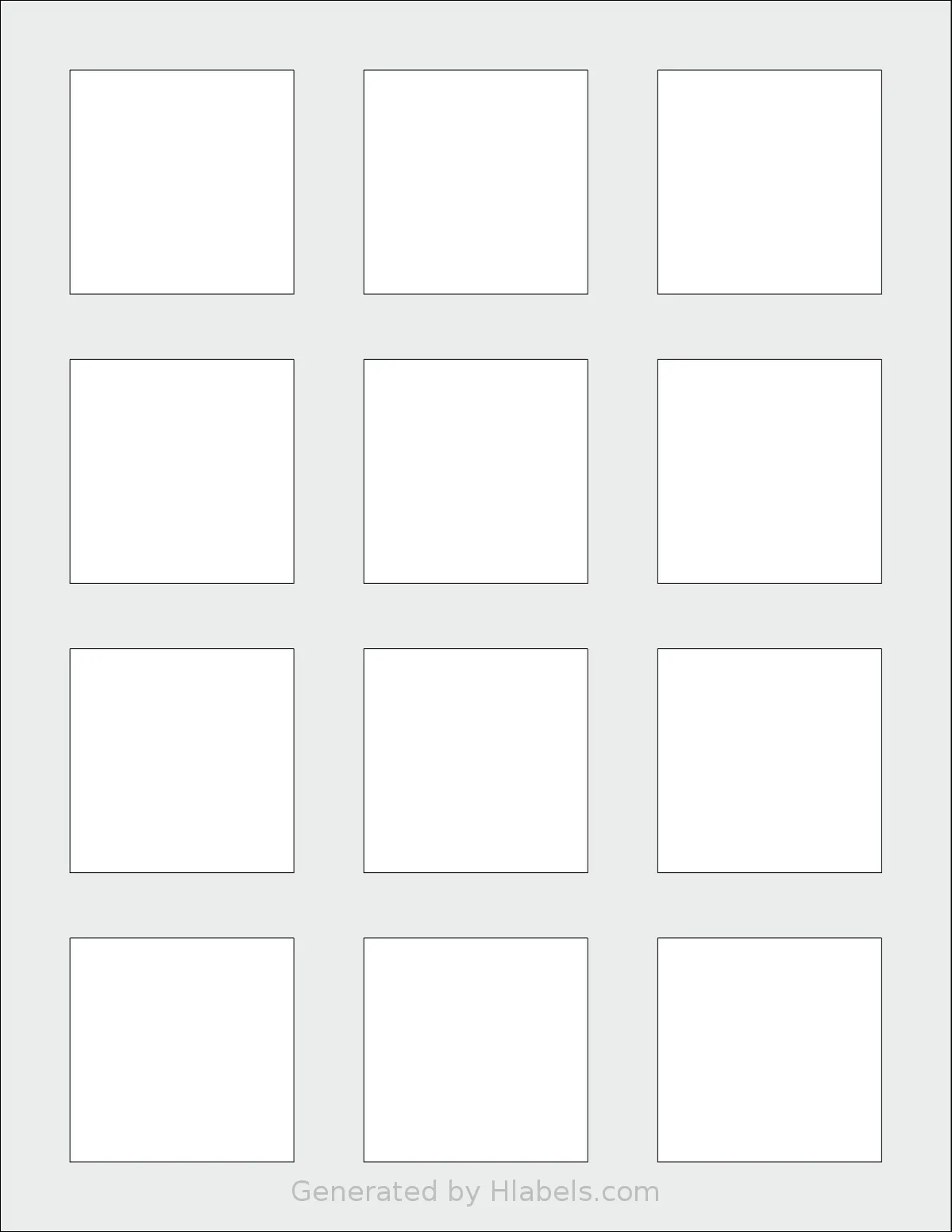 Bleidruck® 12UP template with 12 square 2 x 2 inch labels per sheet, on Letter-size adhesive blank label sheets.