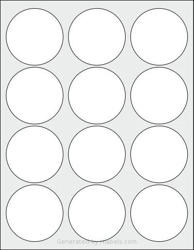 Bleidruck® 12UPC2 template with 12 circle labels per sheet, each 2.5 inch in diameter, on Letter-size adhesive blank label sheets.