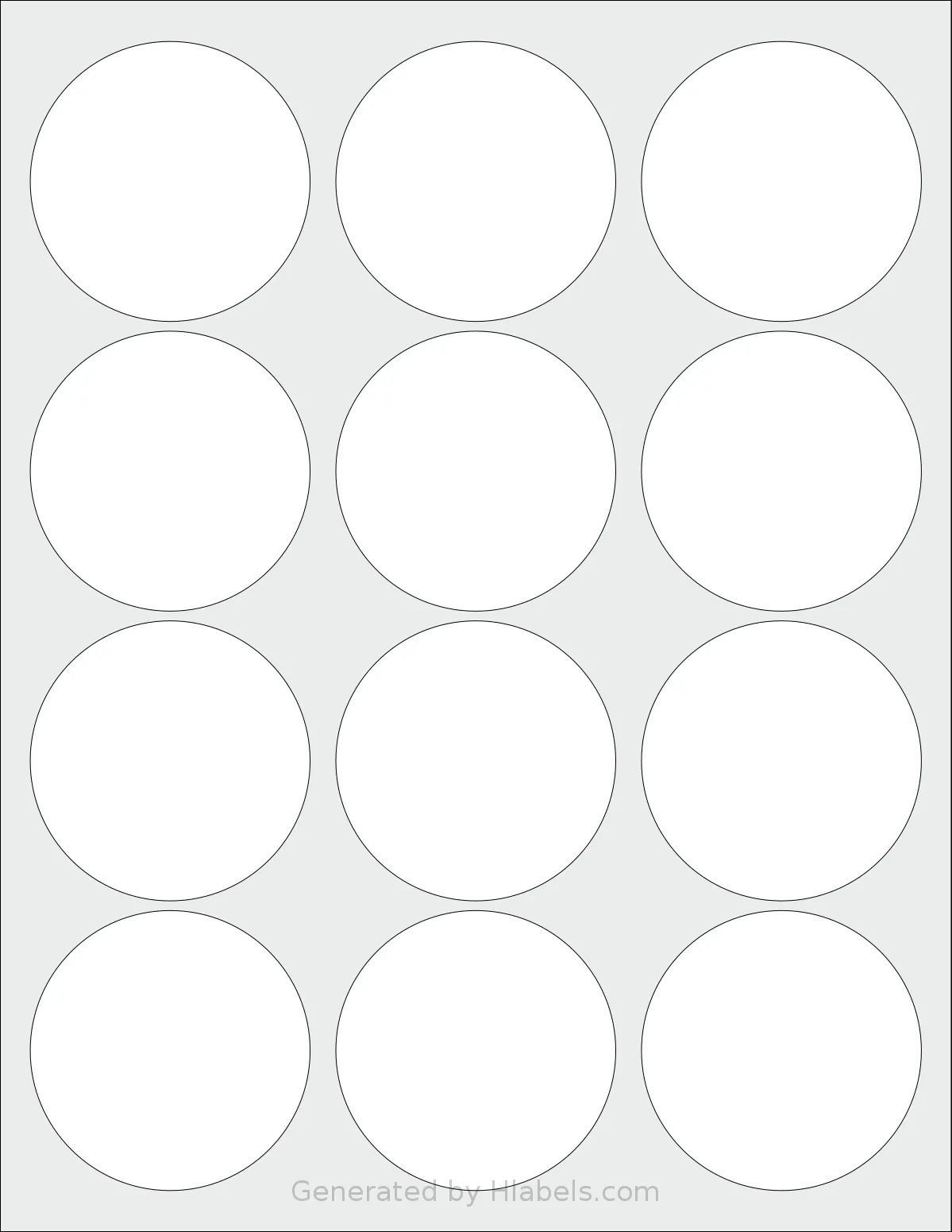 Bleidruck® 12UPC2 template with 12 circle labels per sheet, each 2.5 inch in diameter, on Letter-size adhesive blank label sheets.