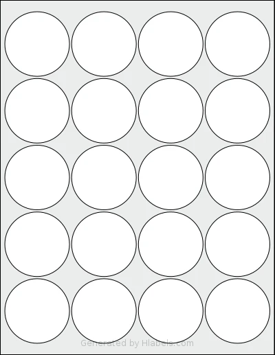 Bleidruck® 20UPC template with 20 circle labels per sheet, each 2 inch in diameter, on Letter-size adhesive blank label sheets.