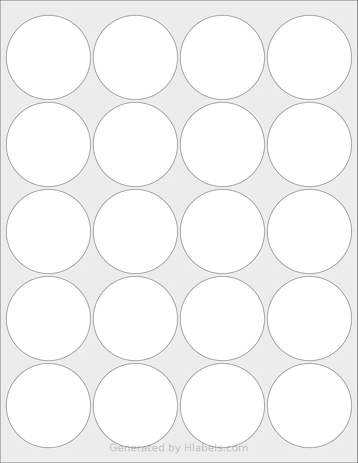 Bleidruck® 20UPC template with 20 circle labels per sheet, each 2 inch in diameter, on Letter-size adhesive blank label sheets.