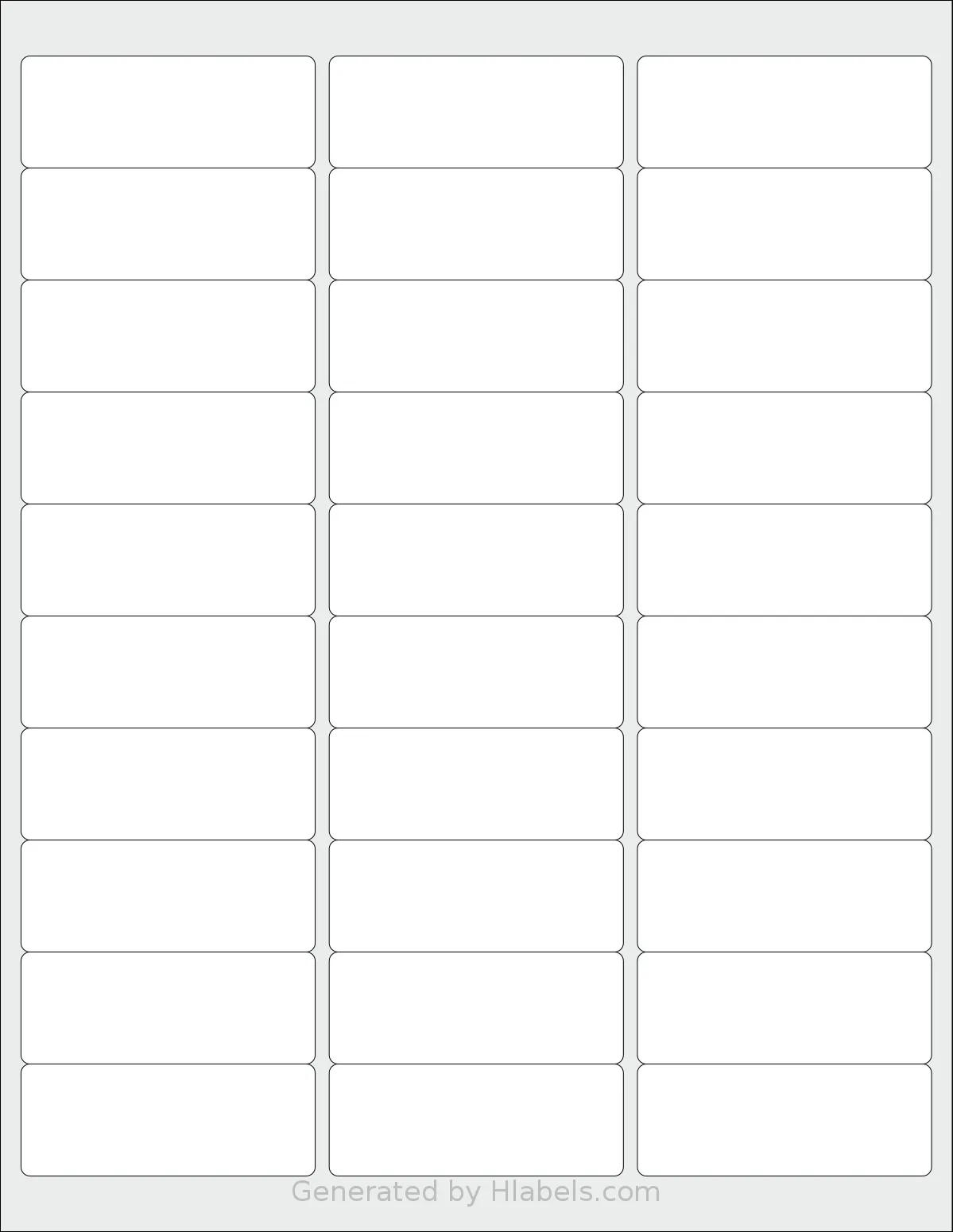 Bleidruck® 30UP template with 30 rectangular 2.625 x 1 inch labels per sheet, on Letter-size adhesive blank label sheets.