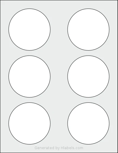 Bleidruck® 6UPC template with 6 circle labels per sheet, each 3 inch in diameter, on Letter-size adhesive blank label sheets.