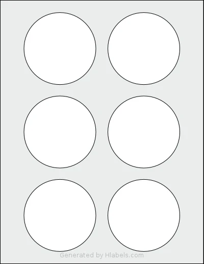 CanadaLabels® L54MPM template with 6 circle labels per sheet, each 3 inch in diameter, on Letter-size adhesive blank label sheets.