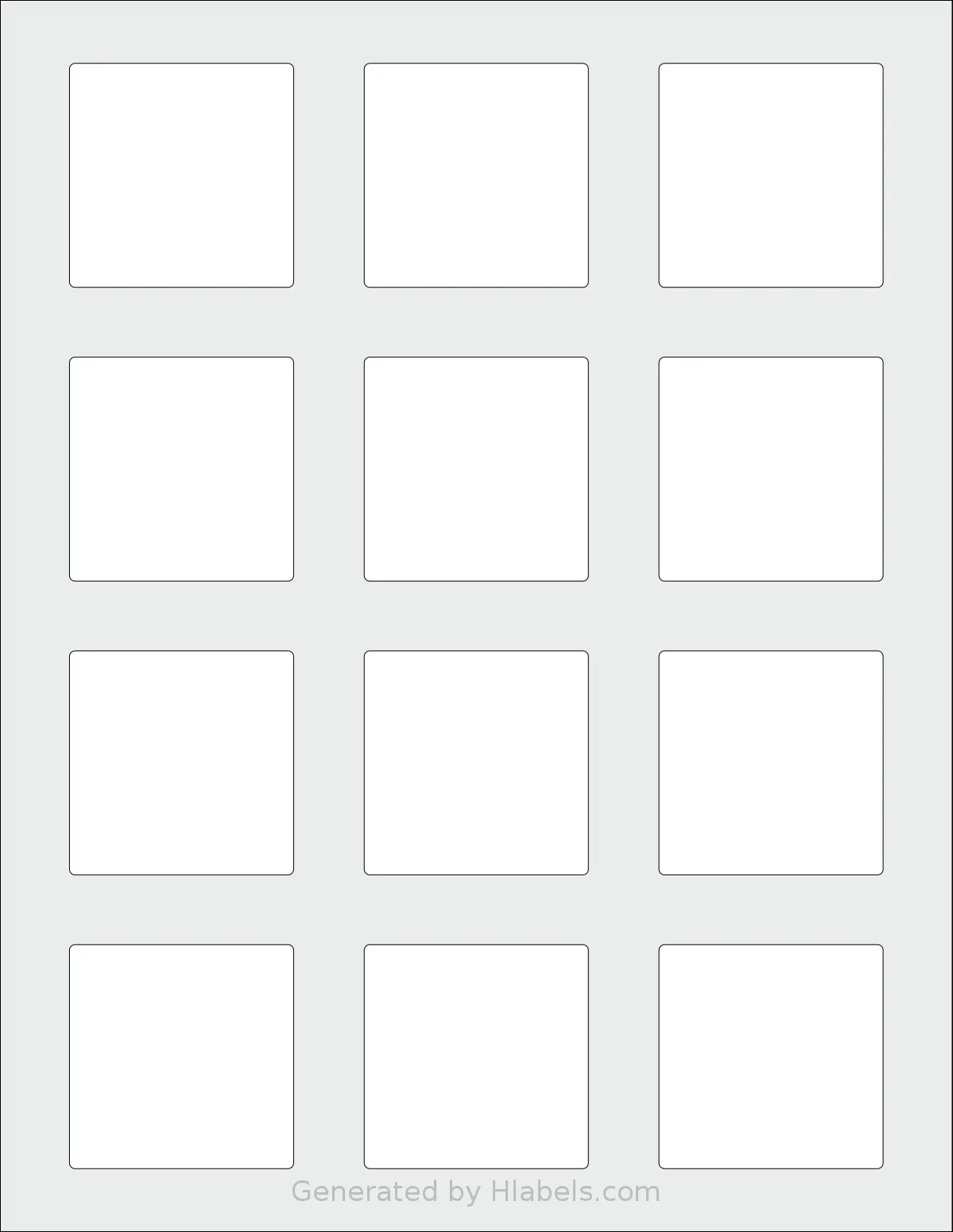 ChromaLabel® CAL04462 template with 12 square 2 x 2 inch labels per sheet, on Letter-size adhesive blank label sheets.