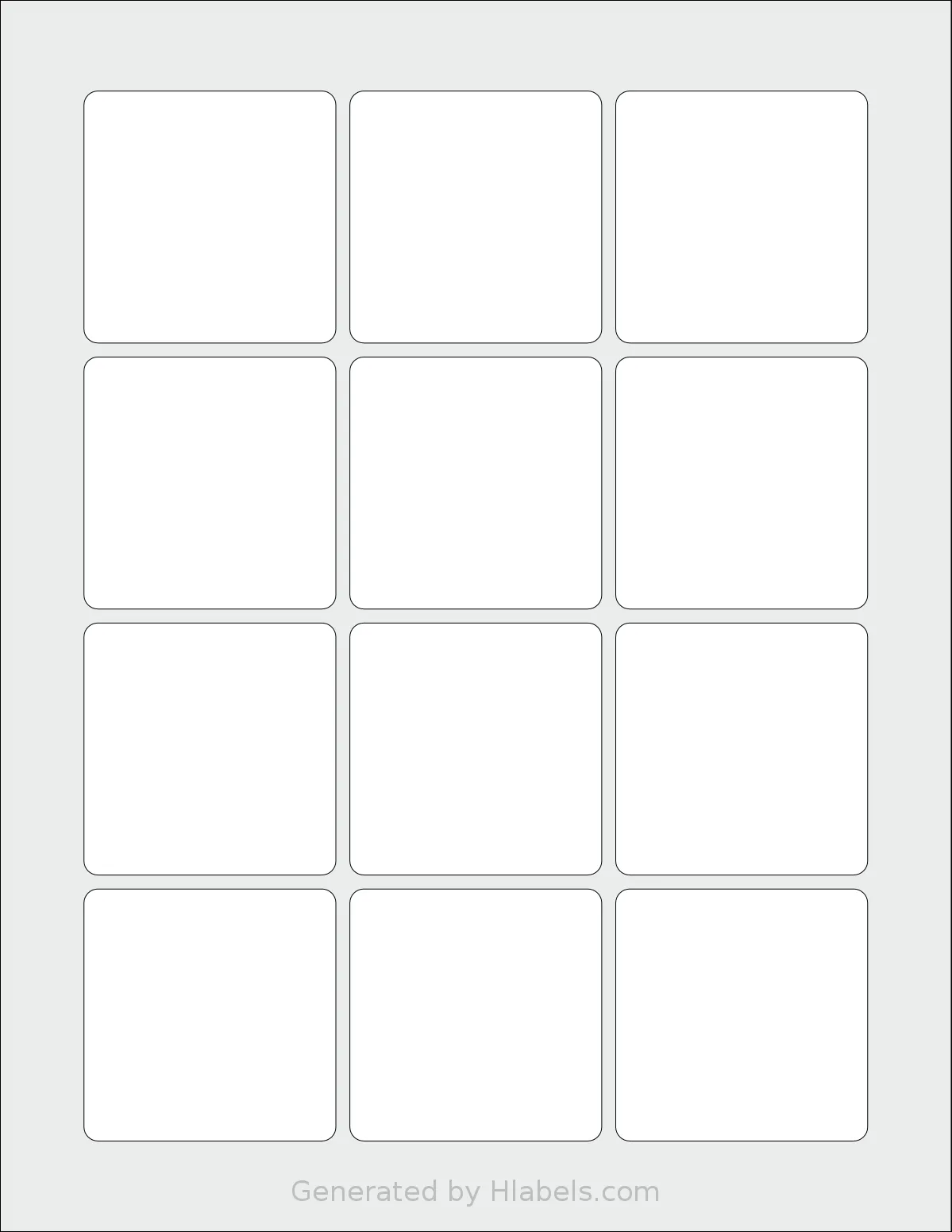 Dashleigh® 8433 template with 12 square 2.25 x 2.25 inch labels per sheet, on Letter-size adhesive blank label sheets.