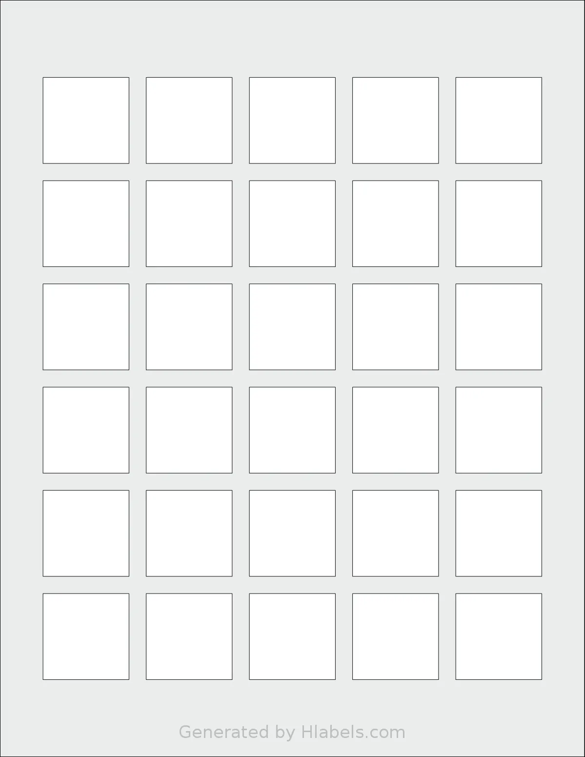 Dashleigh® 8443 template with 30 square 1.25 x 1.25 inch labels per sheet, on Letter-size adhesive blank label sheets.