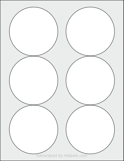 DesktopSupplies® 66295 template with 6 circle labels per sheet, each 3.33 inch in diameter, on Letter-size adhesive blank label sheets.