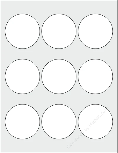 Everstix® 209025MW template with 9 circle labels per sheet, each 2.5 inch in diameter, on Letter-size adhesive blank label sheets.