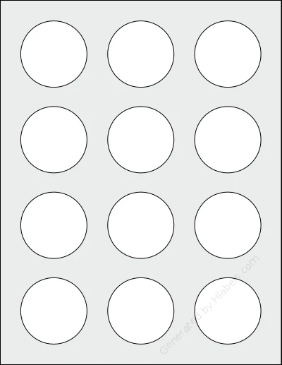 Everstix® 212025MW template with 12 circle labels per sheet, each 2 inch in diameter, on Letter-size adhesive blank label sheets.