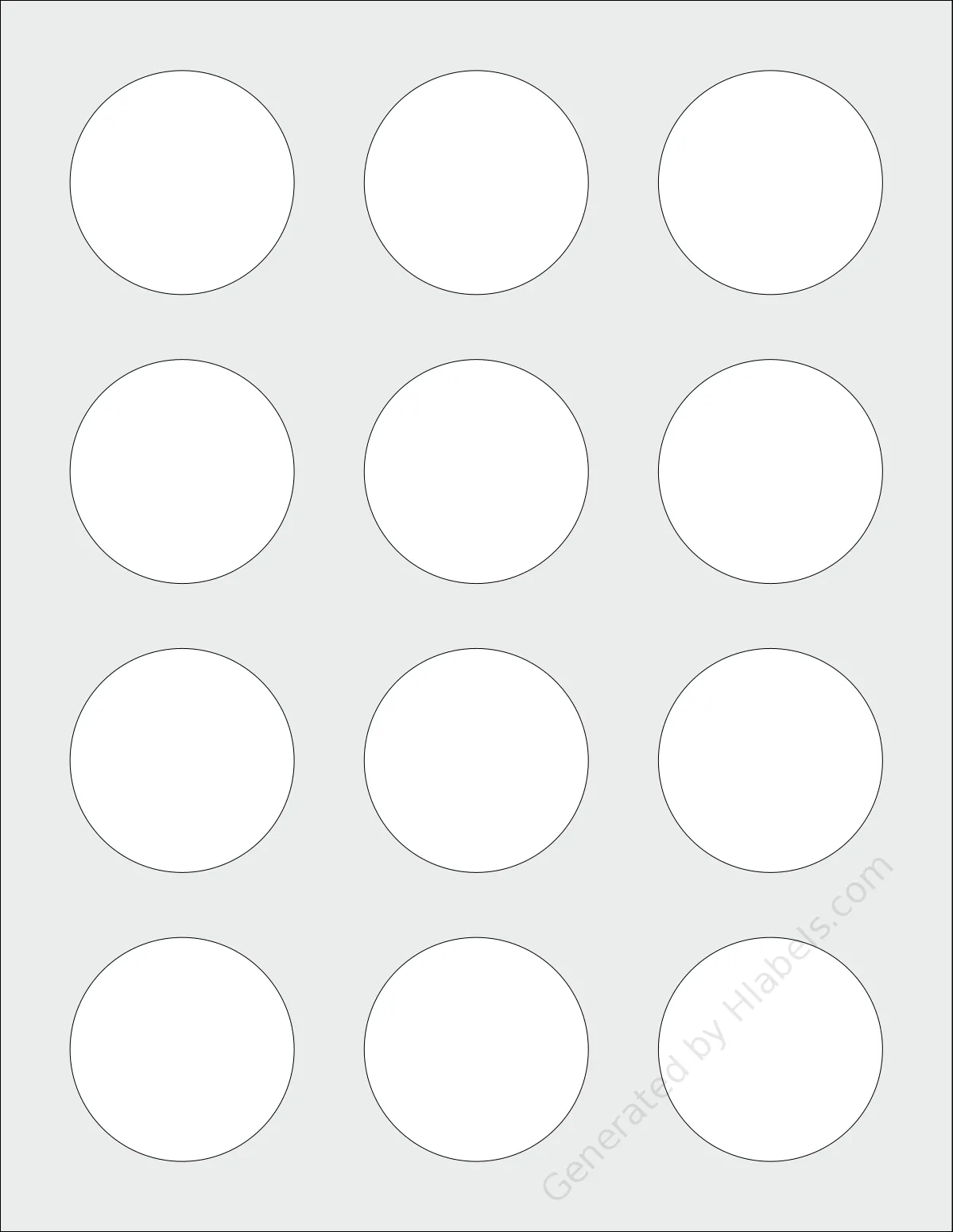 Everstix® 212025MW template with 12 circle labels per sheet, each 2 inch in diameter, on Letter-size adhesive blank label sheets.