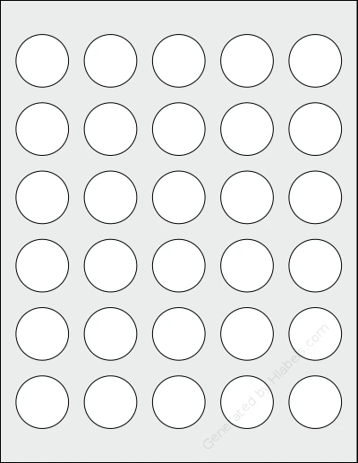 Everstix® 230025MW template with 30 circle labels per sheet, each 1.25 inch in diameter, on Letter-size adhesive blank label sheets.