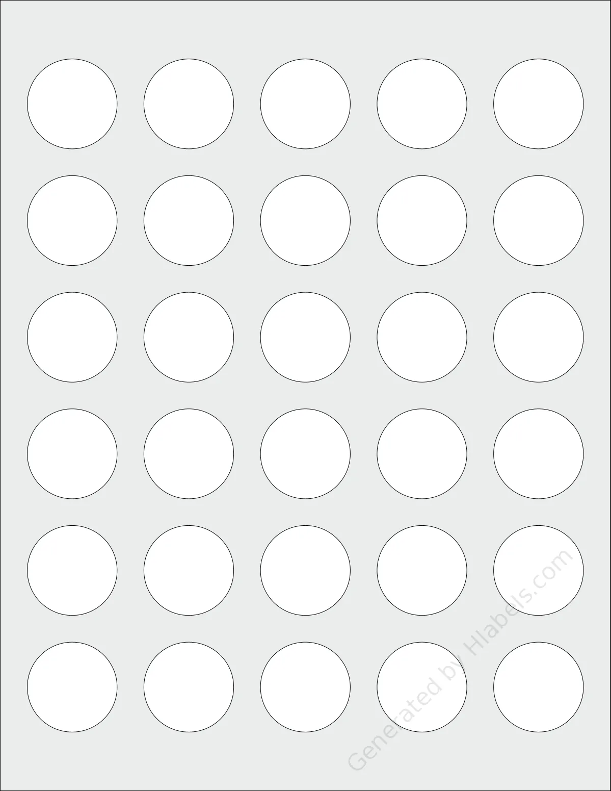 Everstix® 230025MW template with 30 circle labels per sheet, each 1.25 inch in diameter, on Letter-size adhesive blank label sheets.