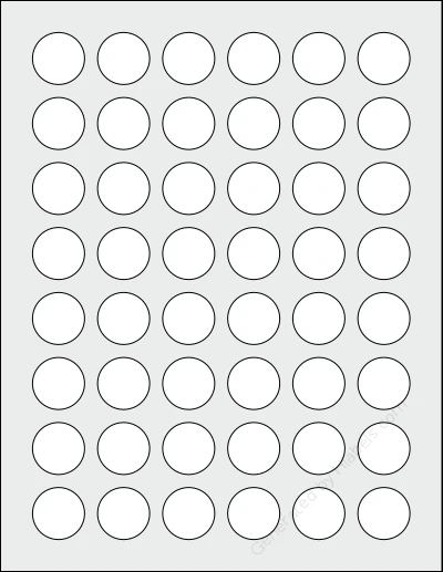 Everstix® 248025MW template with 48 circle labels per sheet, each 1 inch in diameter, on Letter-size adhesive blank label sheets.