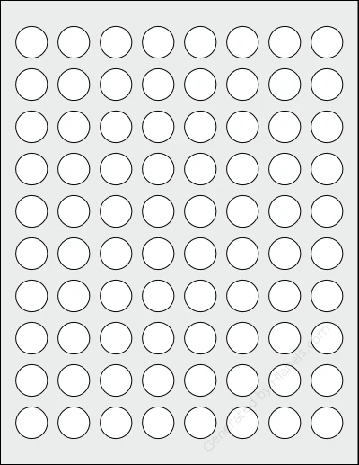 Everstix® 280025MW template with 80 circle labels per sheet, each 0.75 inch in diameter, on Letter-size adhesive blank label sheets.