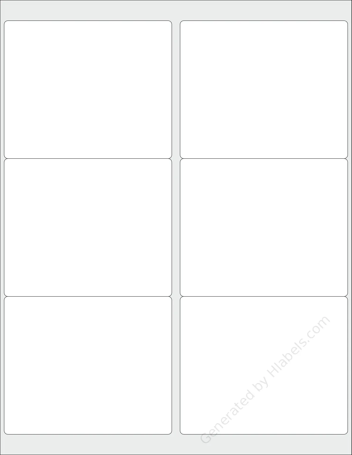 FungLam® 6UP template with 6 rectangular 4.05 x 3.3333 inch labels per sheet, on Letter-size adhesive blank label sheets.