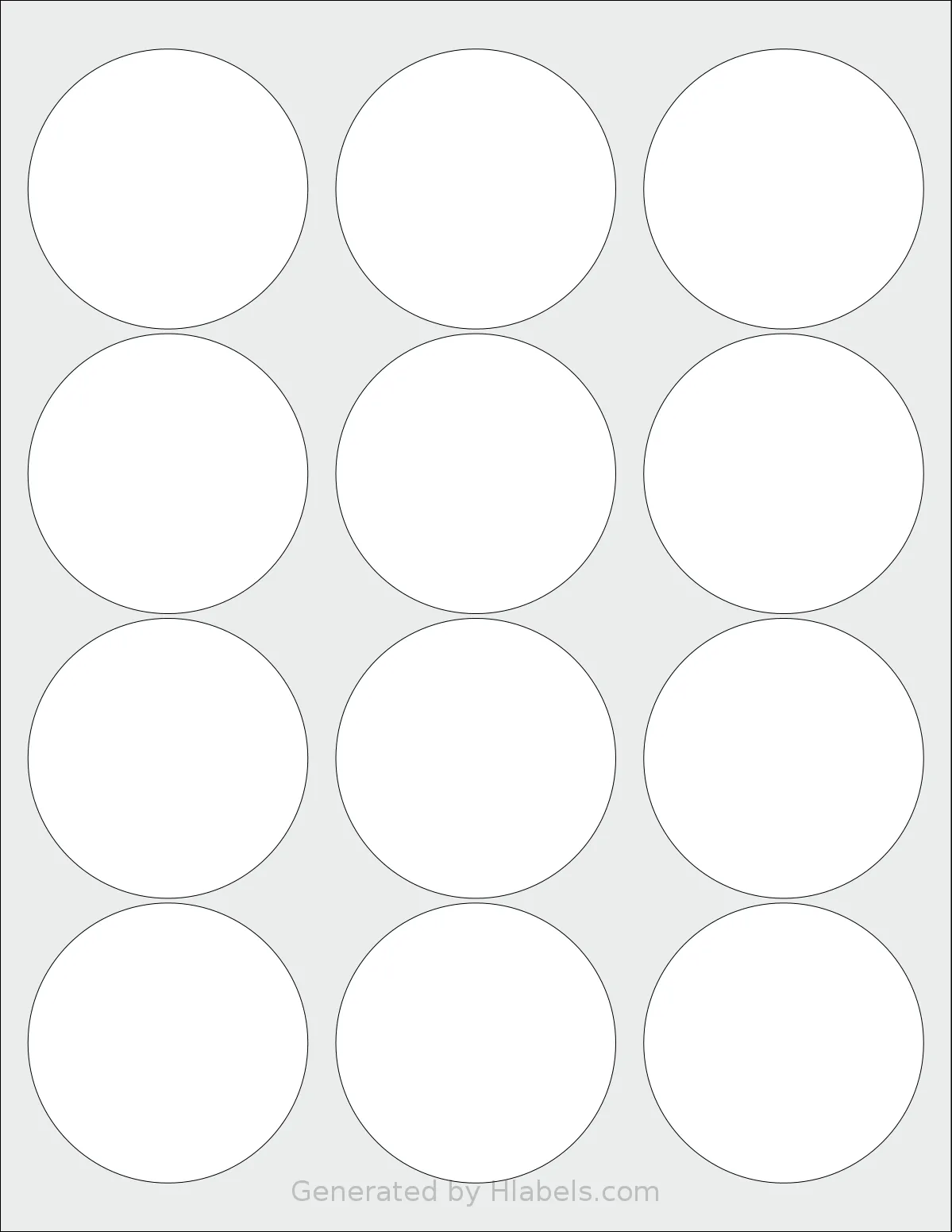 Gemsroyal® G1225 template with 12 circle labels per sheet, each 2.5 inch in diameter, on Letter-size adhesive blank label sheets.