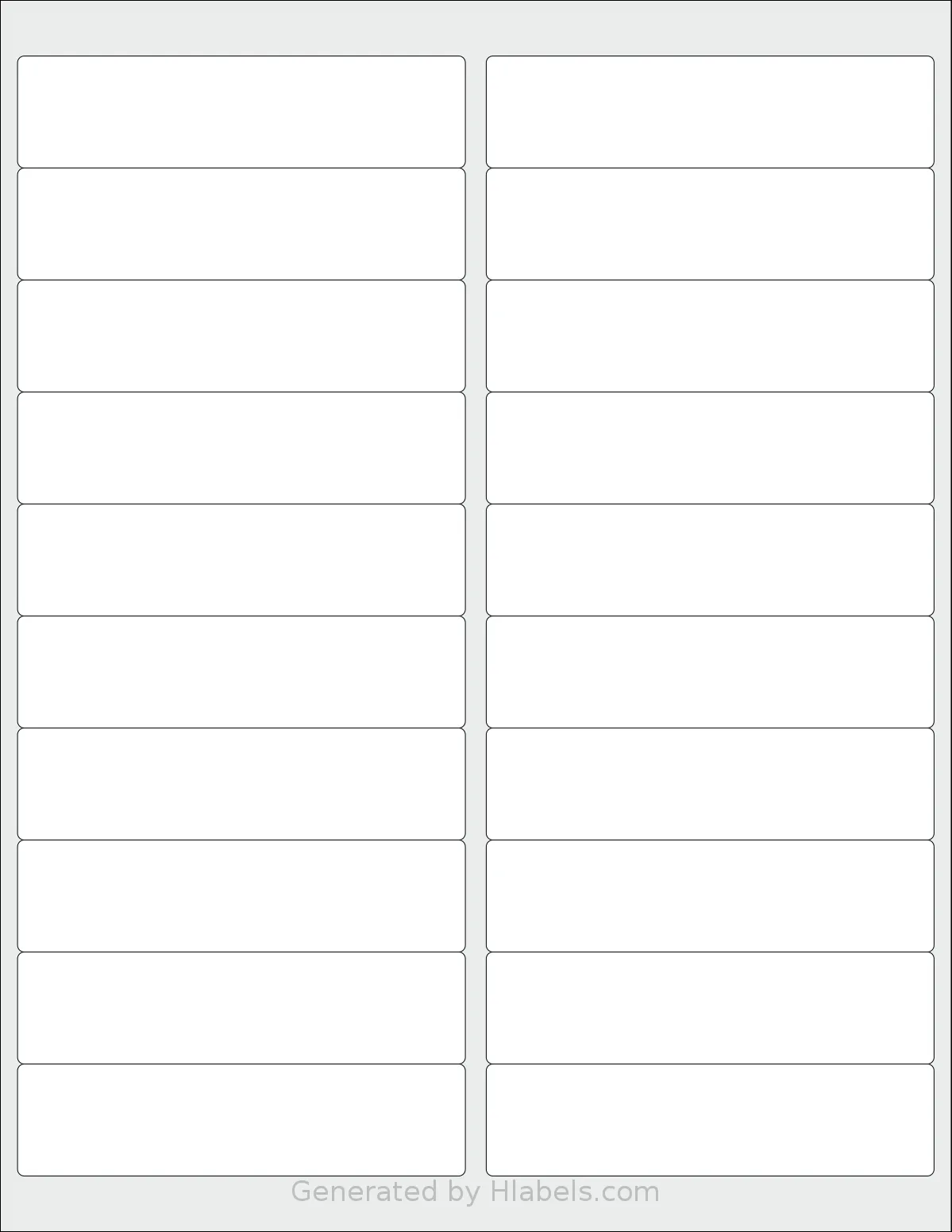 HouseLabels® HL-020 template with 20 rectangular 4 x 1 inch labels per sheet, on Letter-size adhesive blank label sheets.