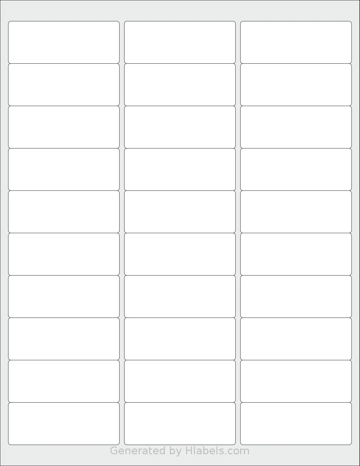 HouseLabels® HL-030 template with 30 rectangular 2.625 x 1 inch labels per sheet, on Letter-size adhesive blank label sheets.