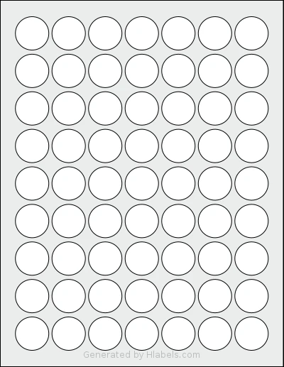 HouseLabels® HL-1R template with 63 circle labels per sheet, each 1 inch in diameter, on Letter-size adhesive blank label sheets.