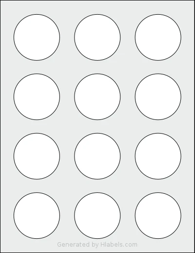 HouseLabels® HL-2R template with 12 circle labels per sheet, each 2 inch in diameter, on Letter-size adhesive blank label sheets.