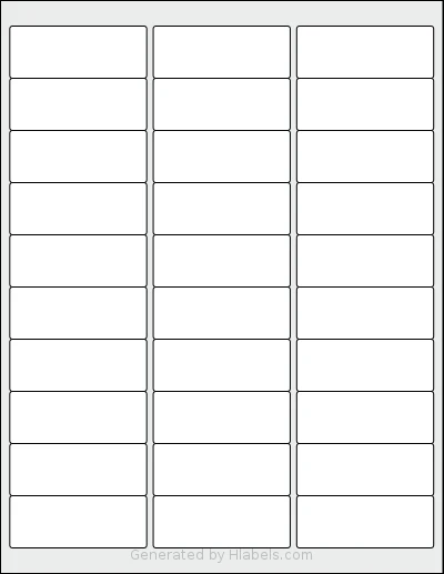 InpourPack® 30UP template with 30 rectangular 2.625 x 1 inch labels per sheet, on Letter-size adhesive blank label sheets.