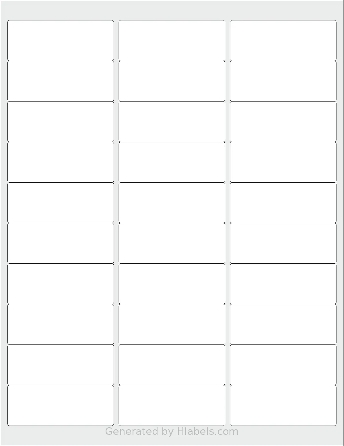 InpourPack® 30UP template with 30 rectangular 2.625 x 1 inch labels per sheet, on Letter-size adhesive blank label sheets.