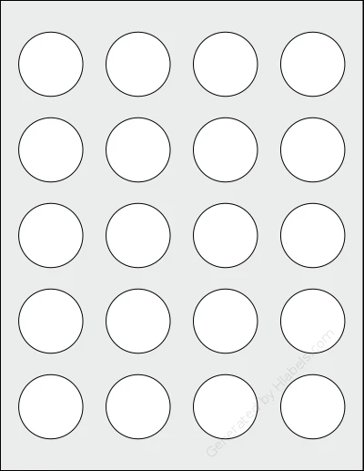 Koala® 1.5R template with 20 circle labels per sheet, each 1.5 inch in diameter, on Letter-size adhesive blank label sheets.