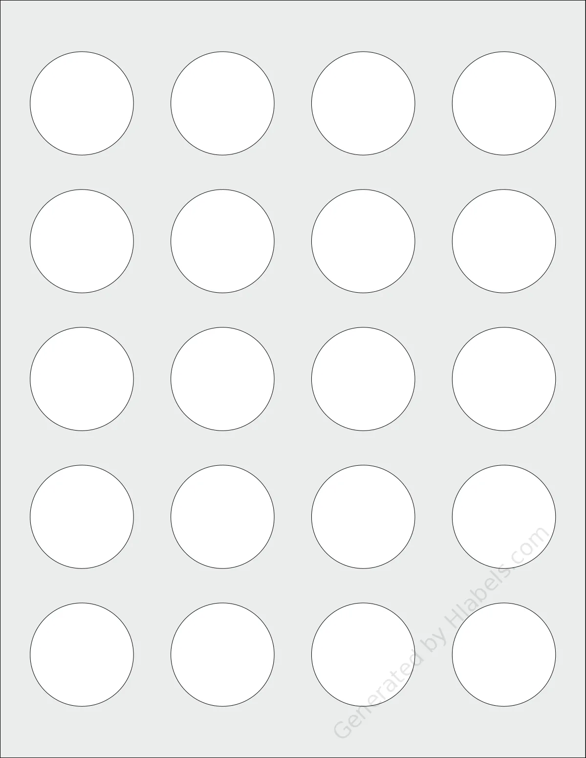 Koala® 1.5R template with 20 circle labels per sheet, each 1.5 inch in diameter, on Letter-size adhesive blank label sheets.